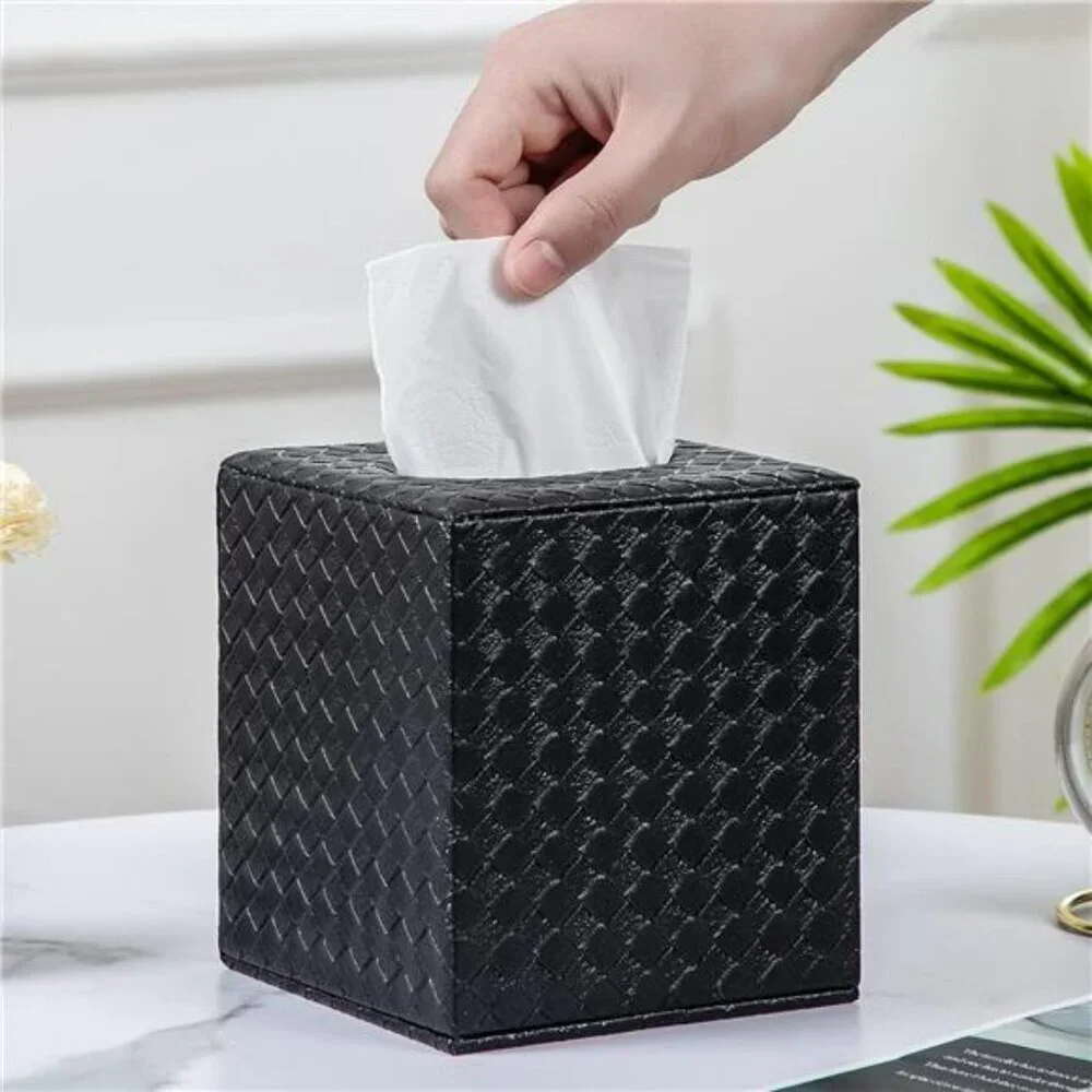 PU leather square tissue box cover holder for bathroom bedroom office deco Black